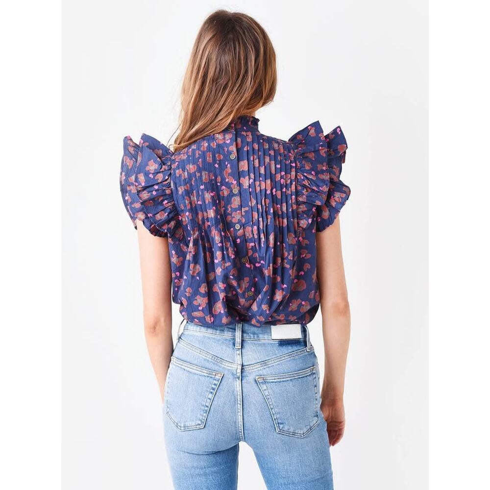 Oliphant Women’s Large Navy Pink Pintuck Ruffle Sleeve Top Blouse - Picture 2 of 9